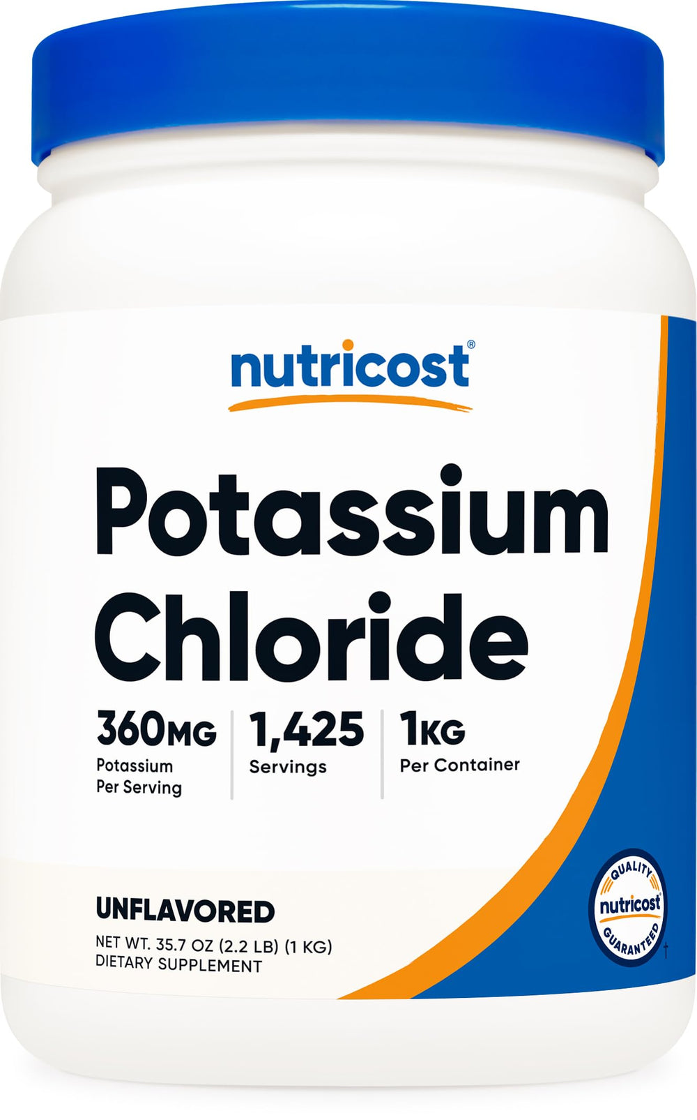 Nutricost potassium chloride powder bottle, 1kg, for daily use