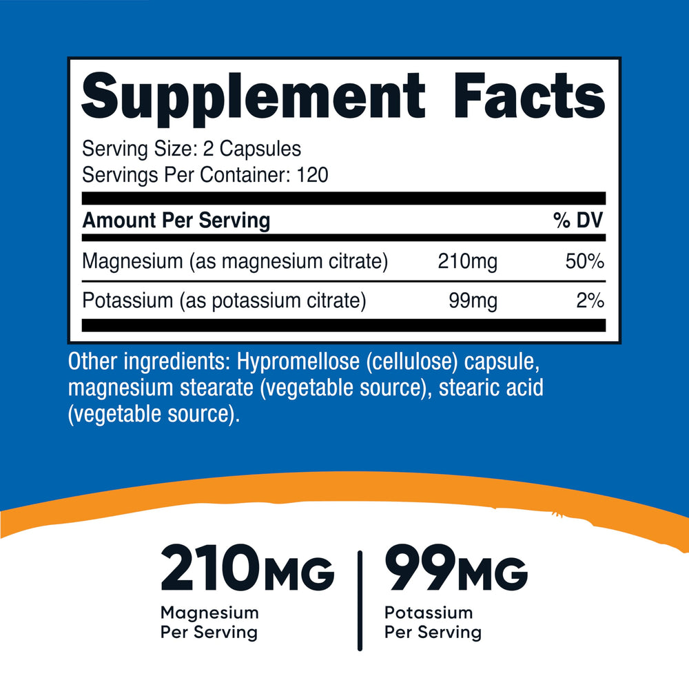 Nutricost Potassium Magnesium Citrates capsules closeup for easy daily intake.