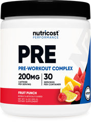 Nutricost Pre-Workout blue raspberry powder for energized workouts and focus