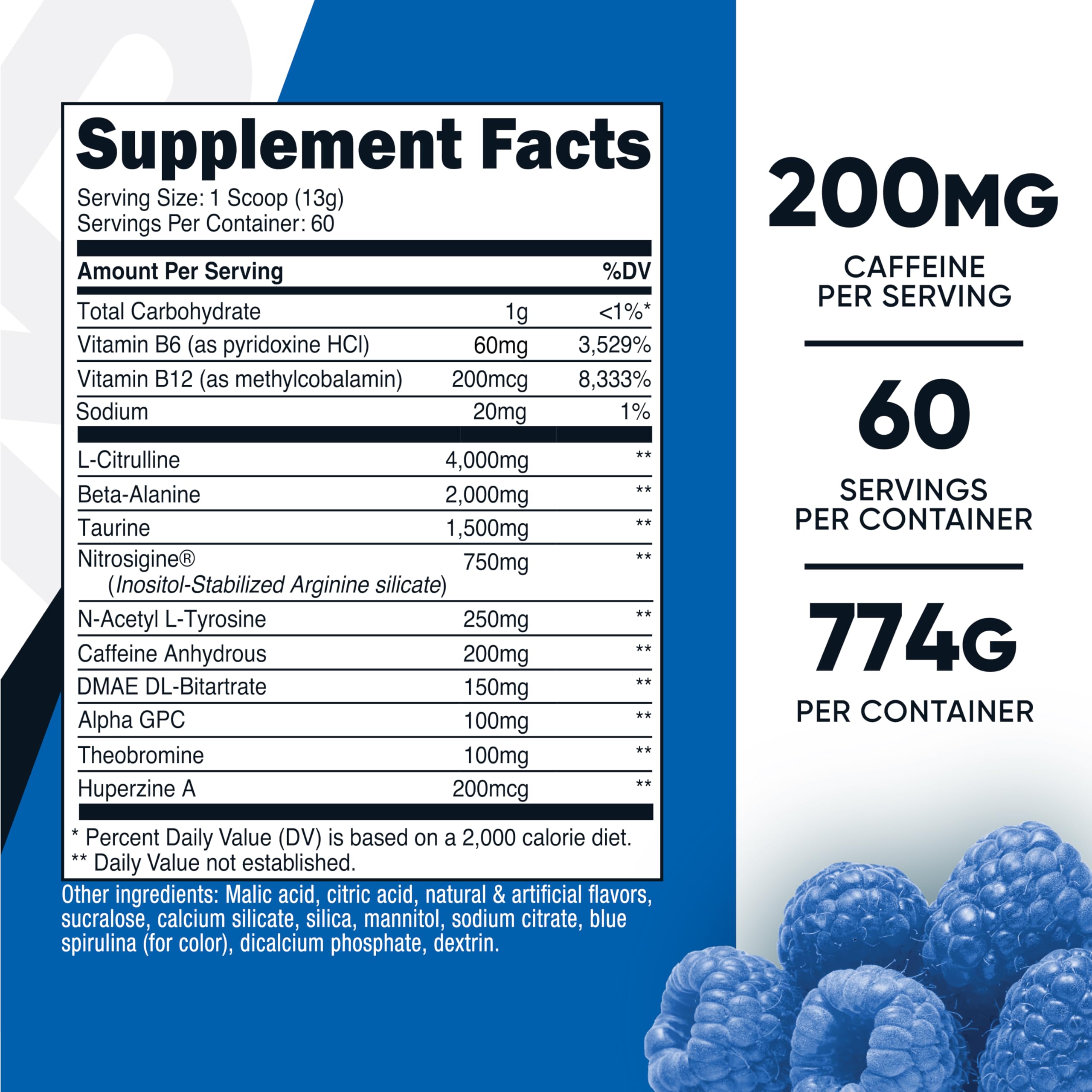 Nutricost Pre-Workout blue raspberry scoop ready to mix for focus.