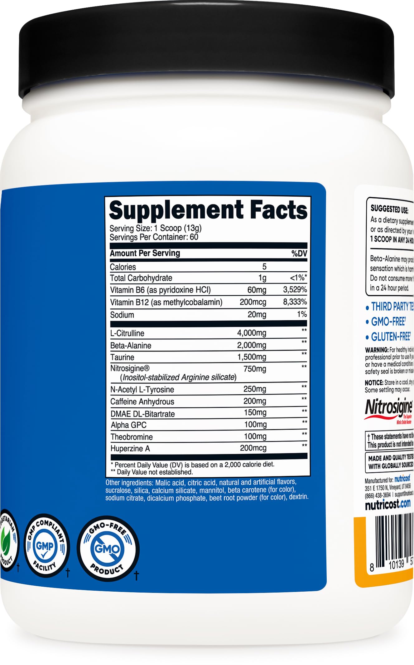 Nutricost Pre-Workout Complex blue raspberry powder being poured for flavor
