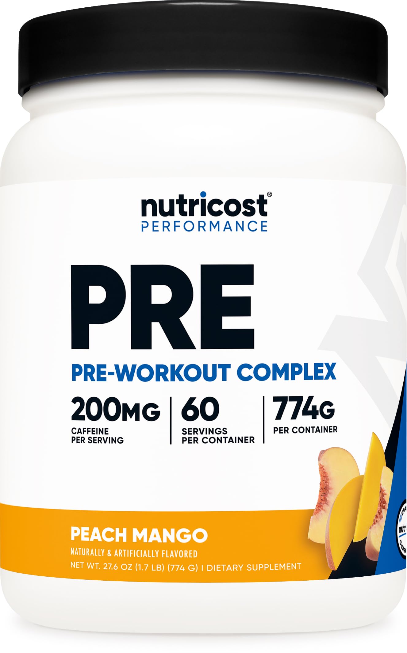 Nutricost Pre-Workout Complex peach mango bottle for energetic workouts