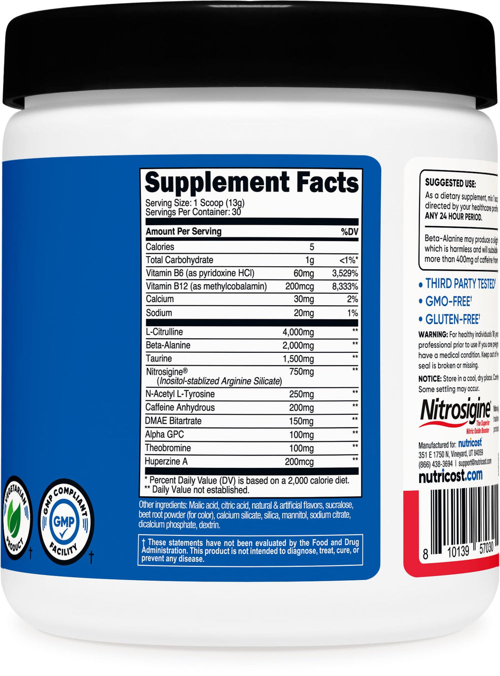 Nutricost Pre-Workout lab-tested label indicating ISO quality testing and GMP compliance