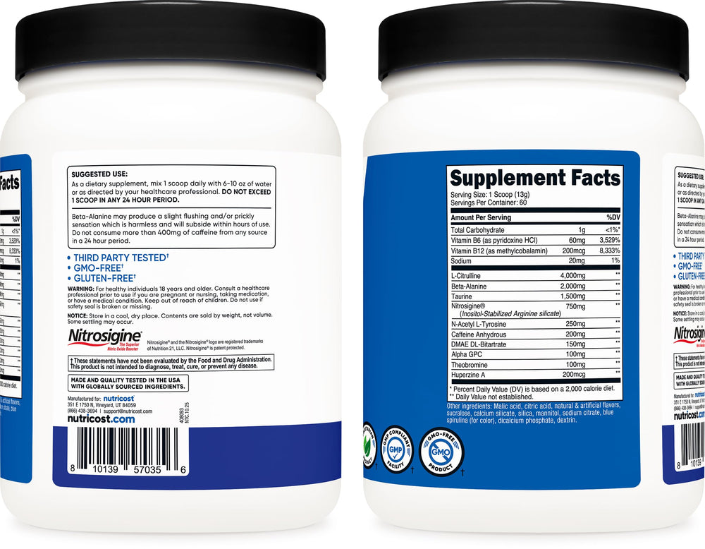 Nutricost Pre-Workout peach mango bottle inviting tropical flavor boost during training.