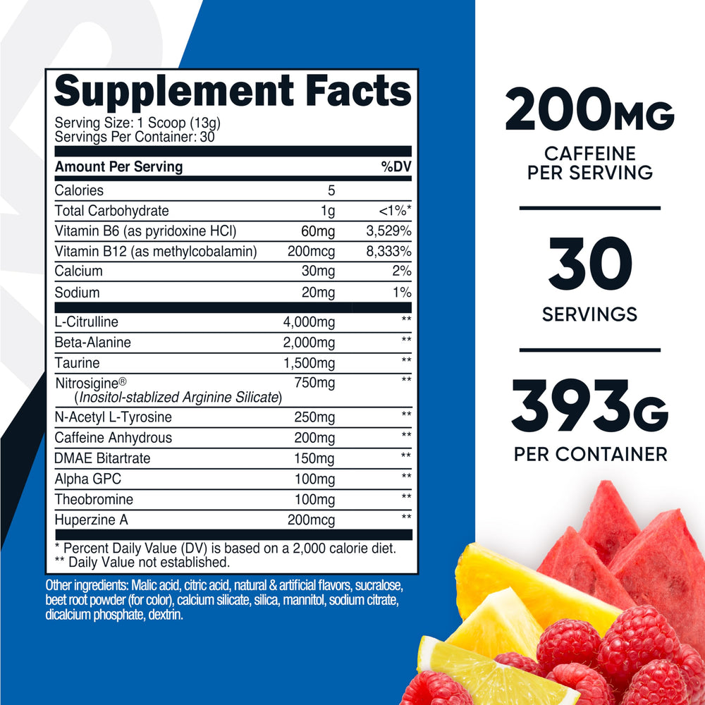 Nutricost Pre-Workout peach mango powder with tropical flavor and endurance support