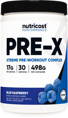 Nutricost Pre-X Xtreme blue raspberry bottle highlighting energy-boosting formula for workouts