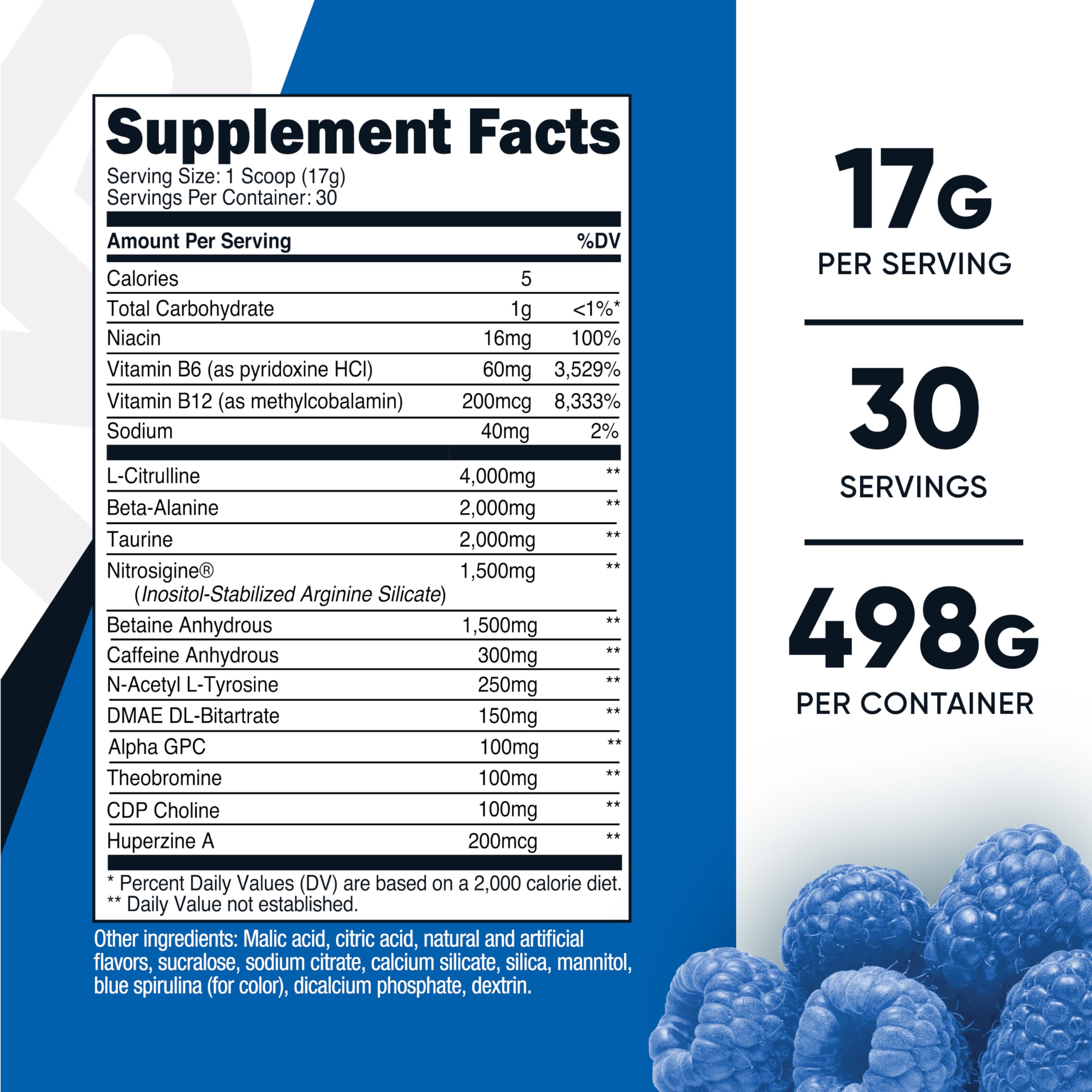 Blue raspberry powder scoop beside bottle showing 30 servings for workouts