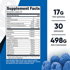 Blue raspberry powder scoop beside bottle showing 30 servings for workouts