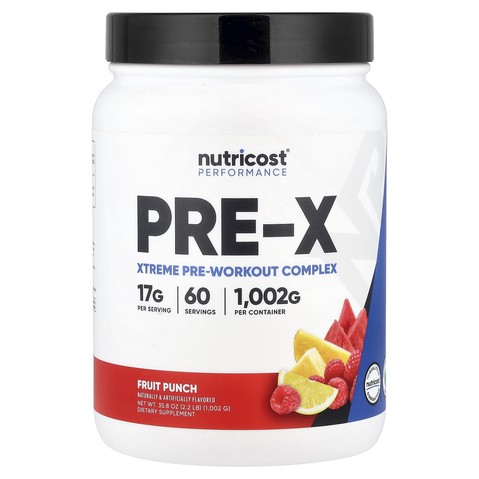 Nutricost Pre-X Xtreme Fruit Punch bottle ready for a workout session.