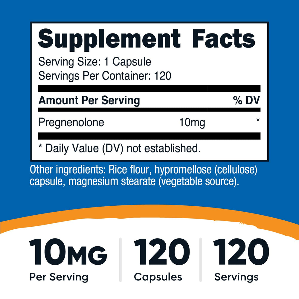 Nutricost Pregnenolone capsules close-up, veggie shells designed for easy swallowing
