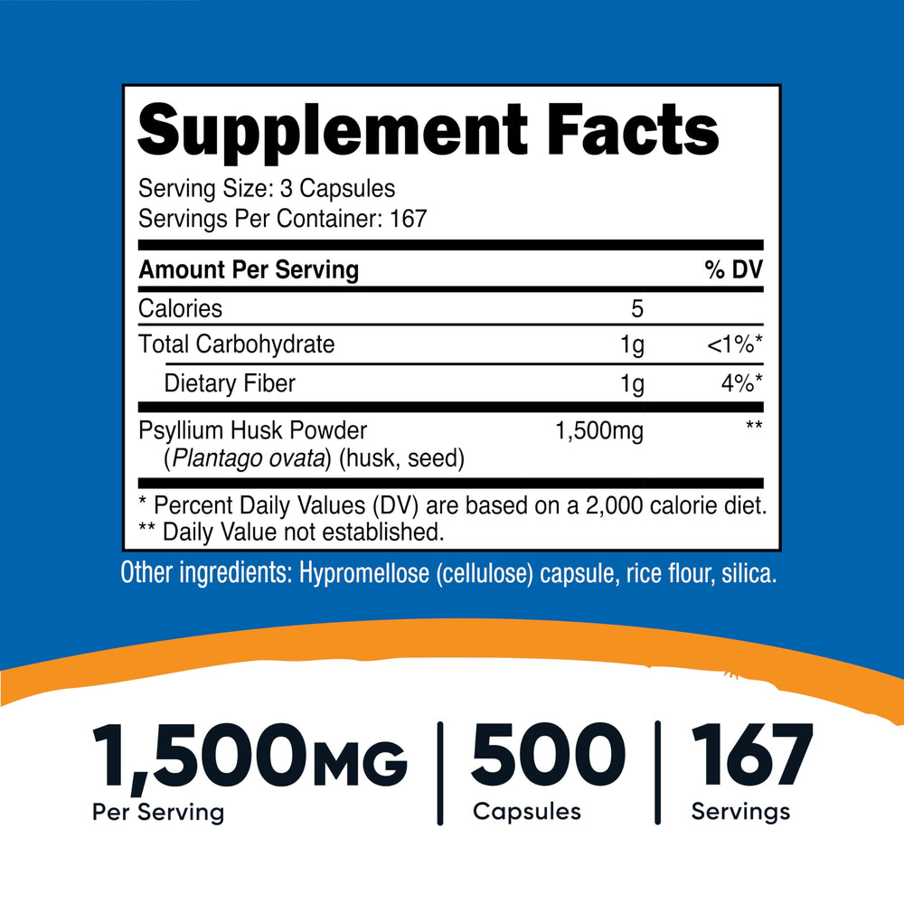 Nutricost Psyllium Husk capsules close-up for fiber intake