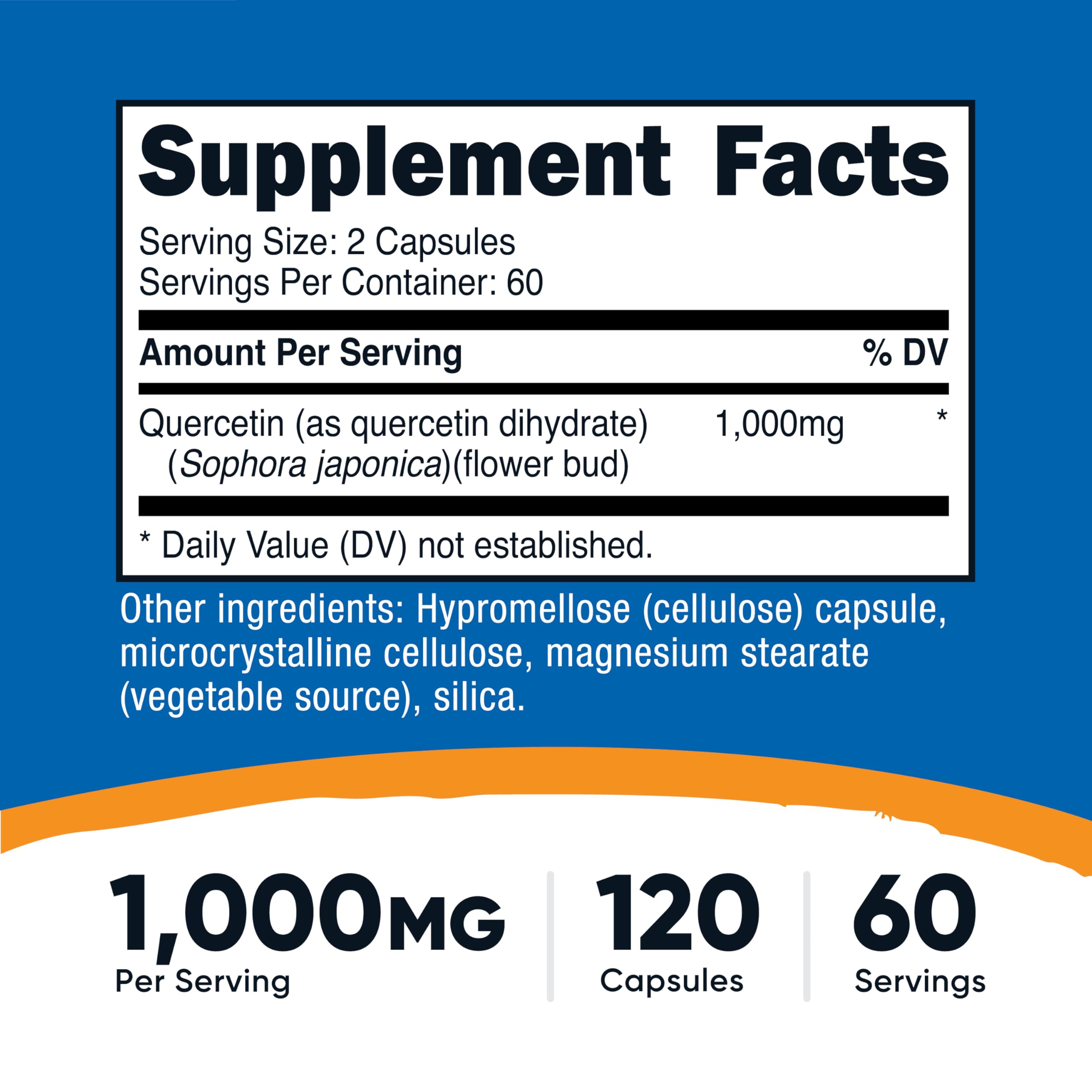 Nutricost Quercetin 1000mg capsules close-up showing easy-to-swallow vegetarian capsules