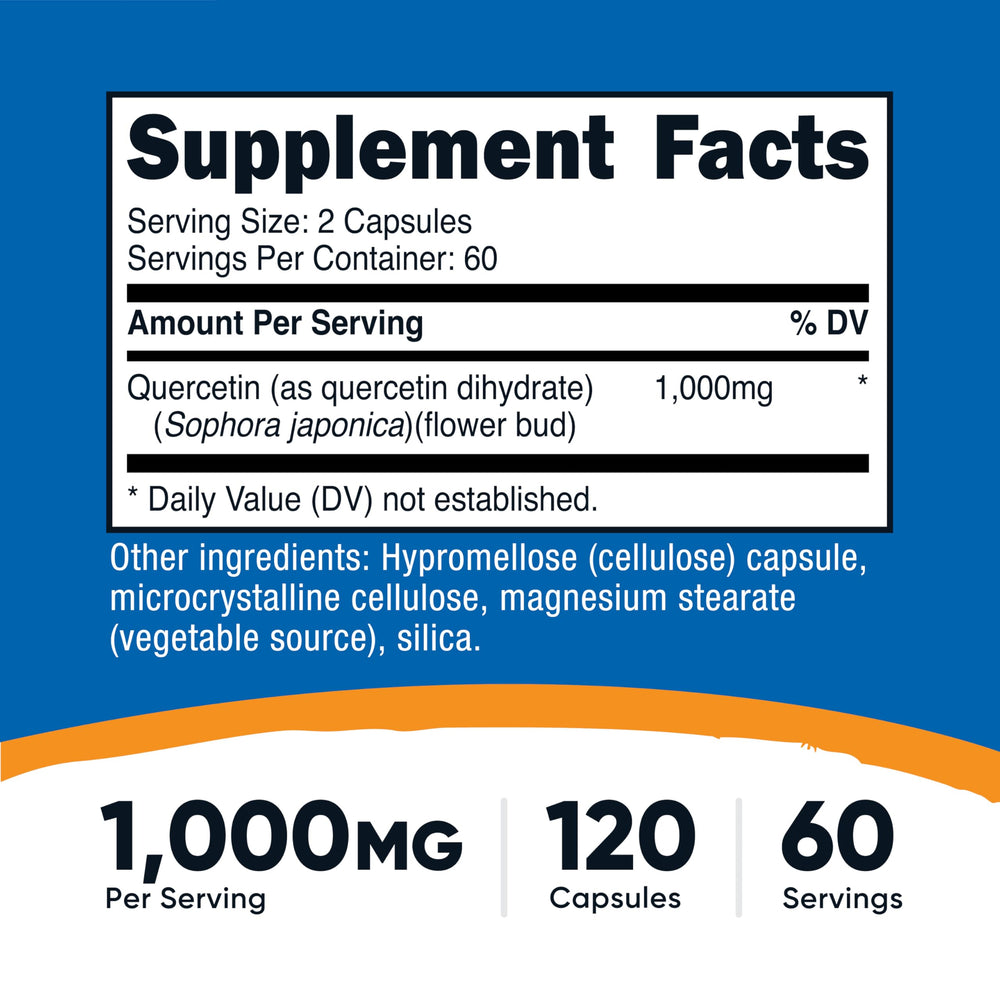 Nutricost Quercetin 1000mg capsules close-up showing easy-to-swallow vegetarian capsules