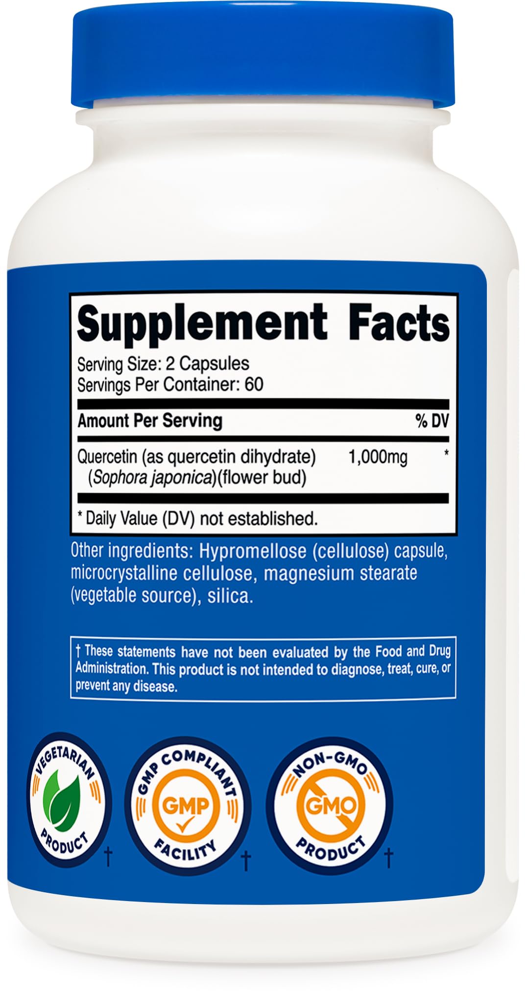 Nutricost Quercetin 1000mg packaging emphasizes Non-GMO and Gluten-Free formulation