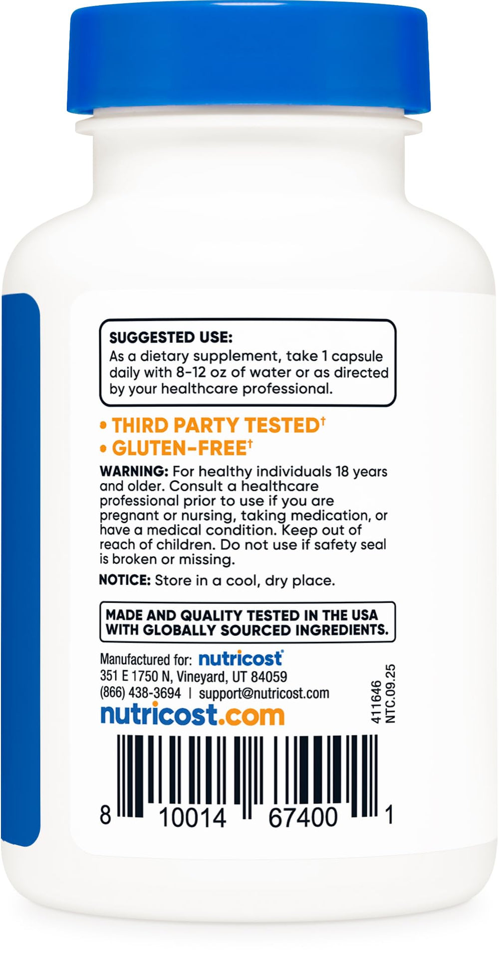 Nutricost R-ALA facility certifications highlighting quality standards.
