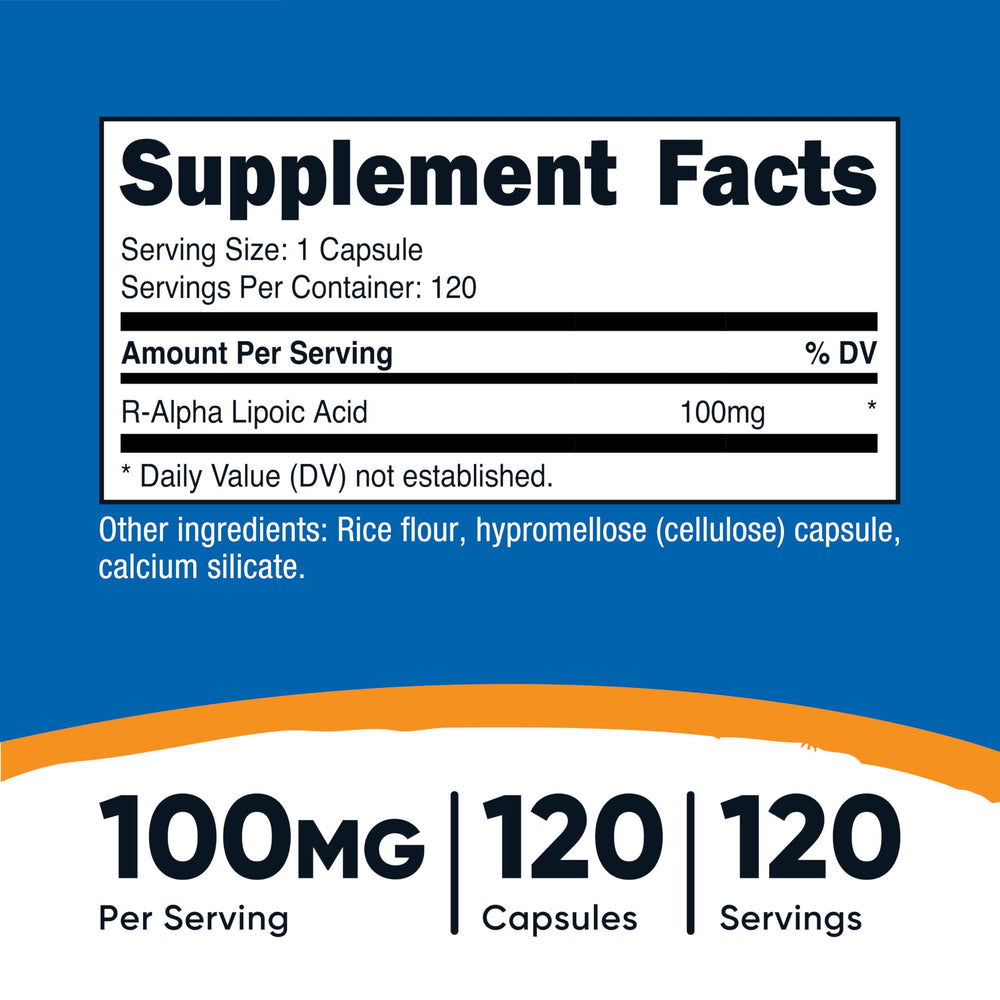Nutricost R-ALA veggie capsules 120-serving package for easy daily supplementation.