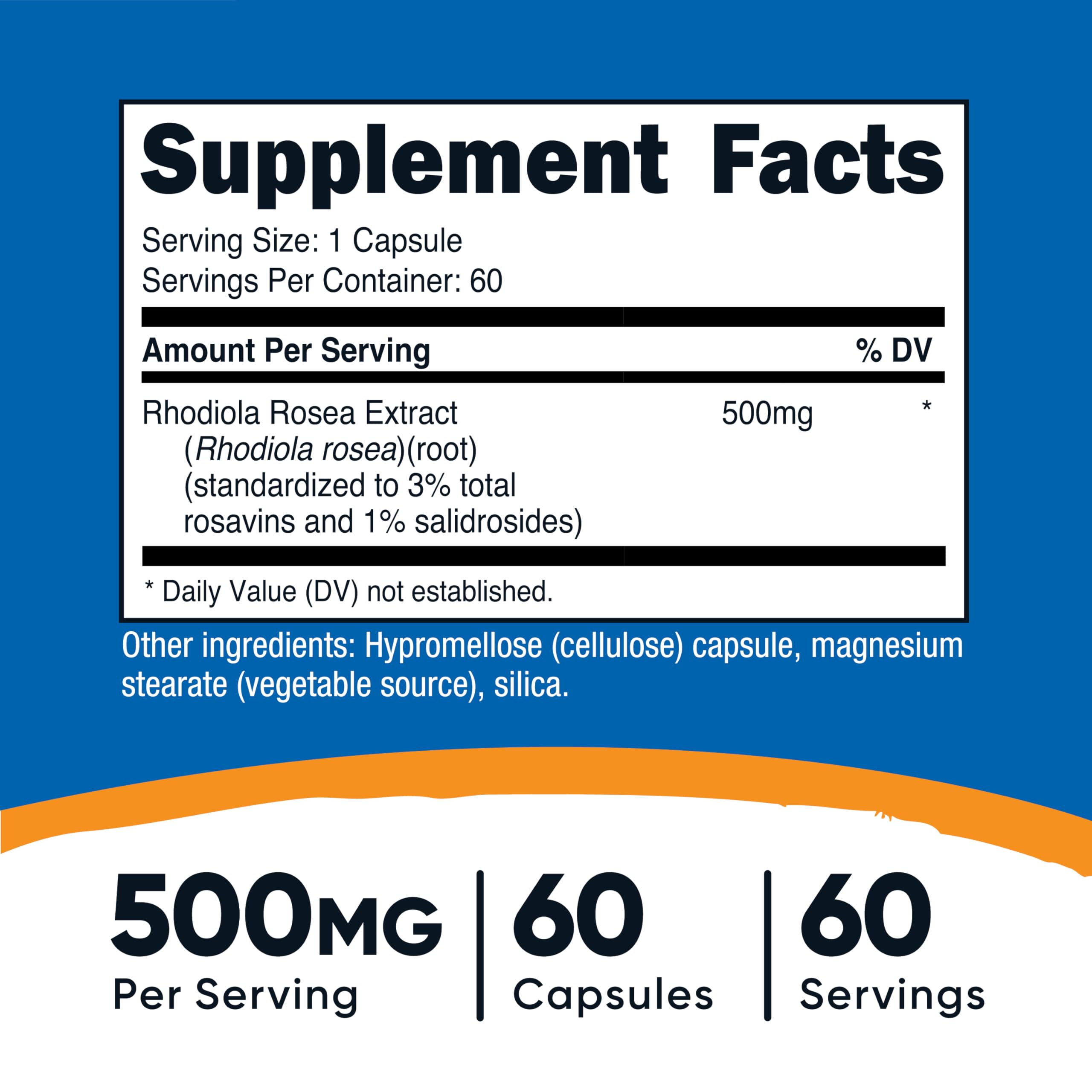 Nutricost Rhodiola Rosea capsules close-up showing vegetarian capsules for daily wellness.