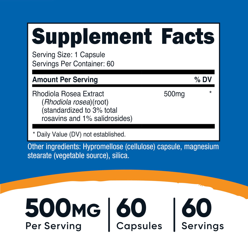 Nutricost Rhodiola Rosea capsules close-up showing vegetarian capsules for daily wellness.