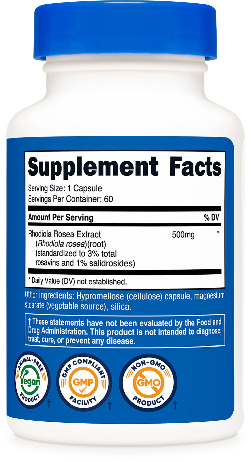 Nutricost Rhodiola Rosea packaging shows 60 capsules in a GMP facility product.