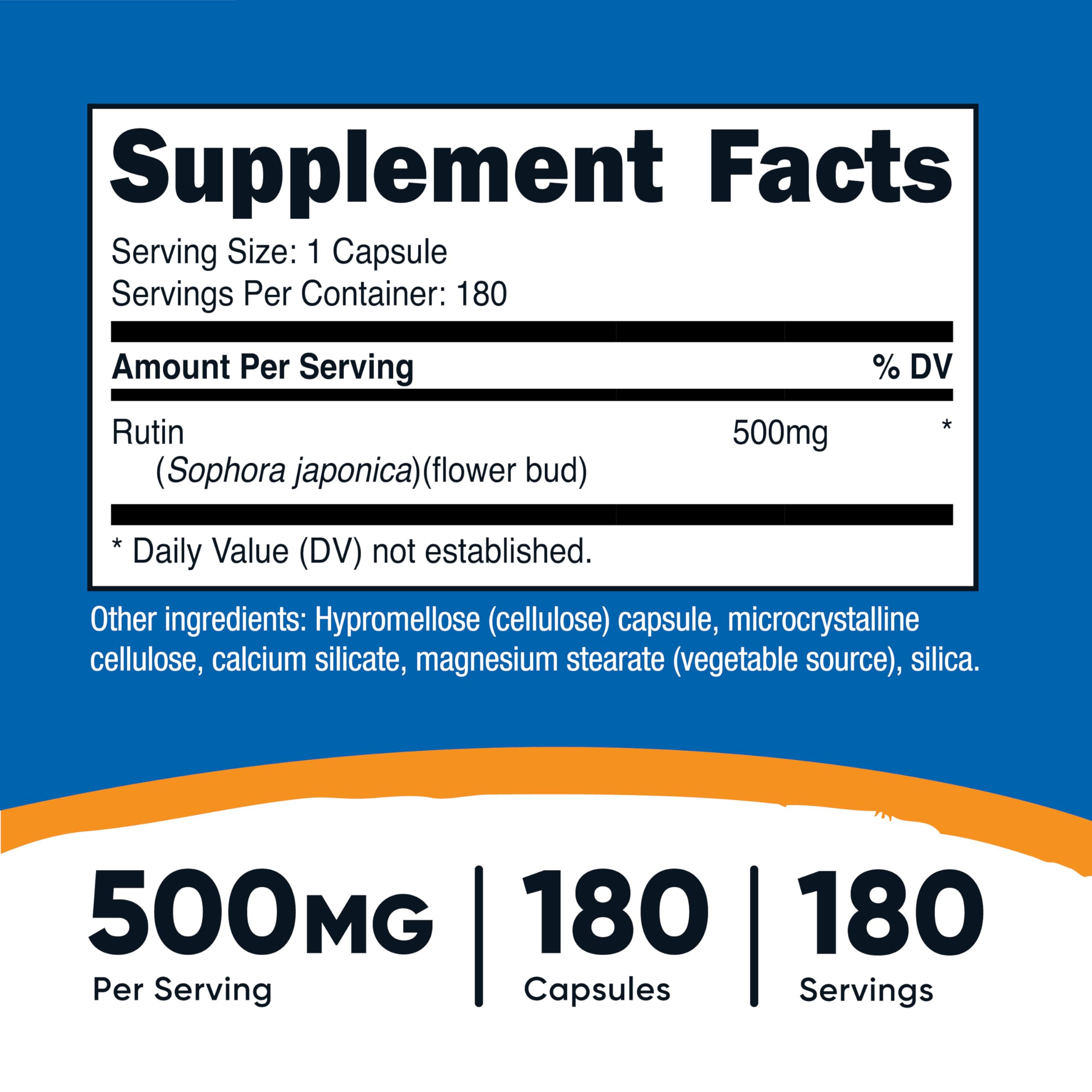 Close-up of Nutricost Rutin capsules highlighting 500mg dose