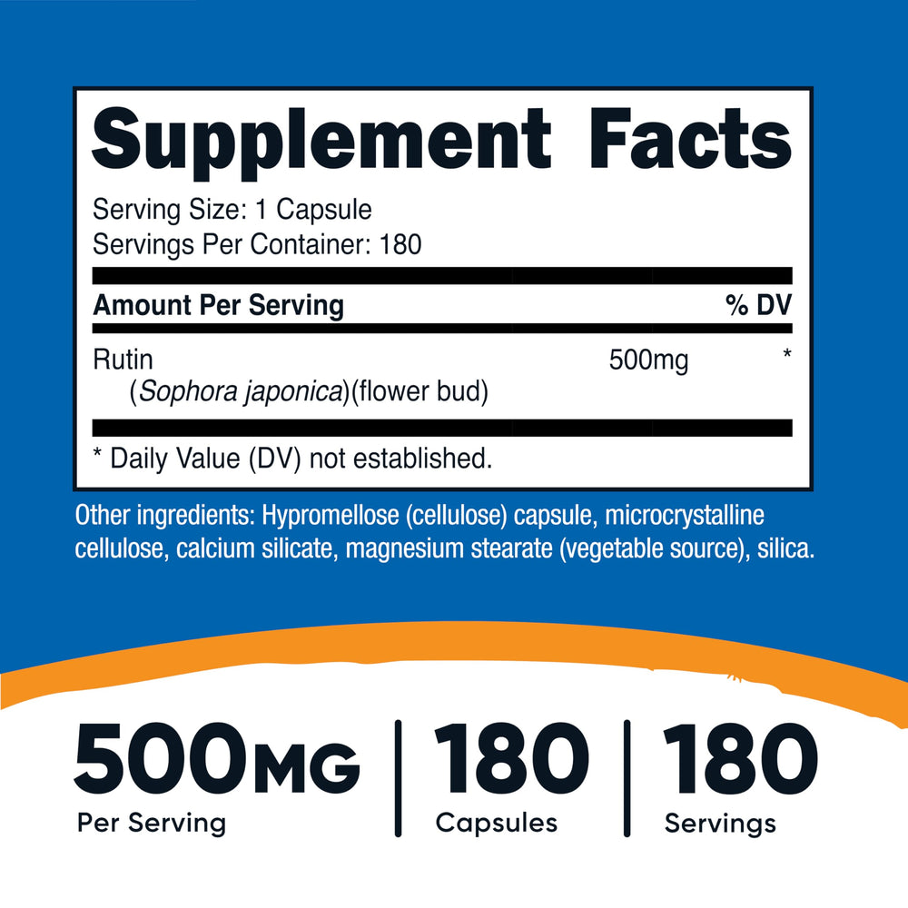 Close-up of Nutricost Rutin capsules highlighting 500mg dose