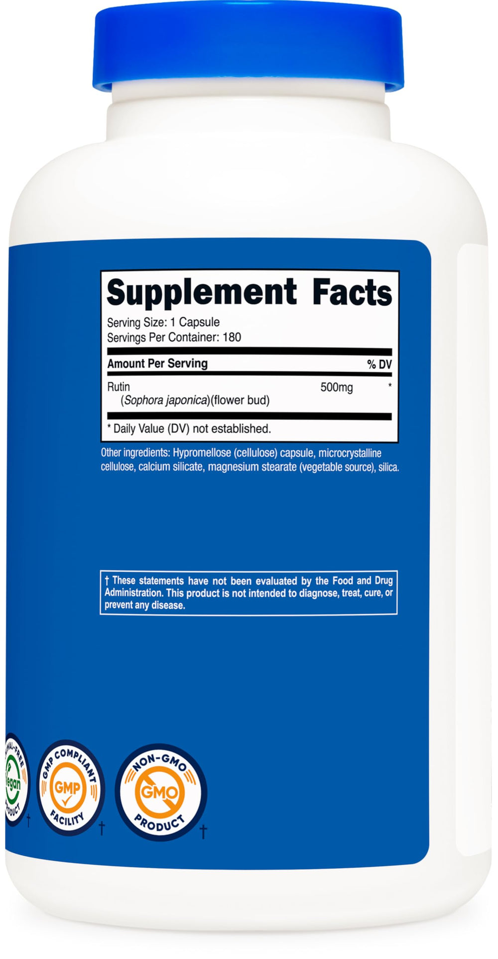 Nutricost Rutin packaging with GMP and FDA-registered facility badge