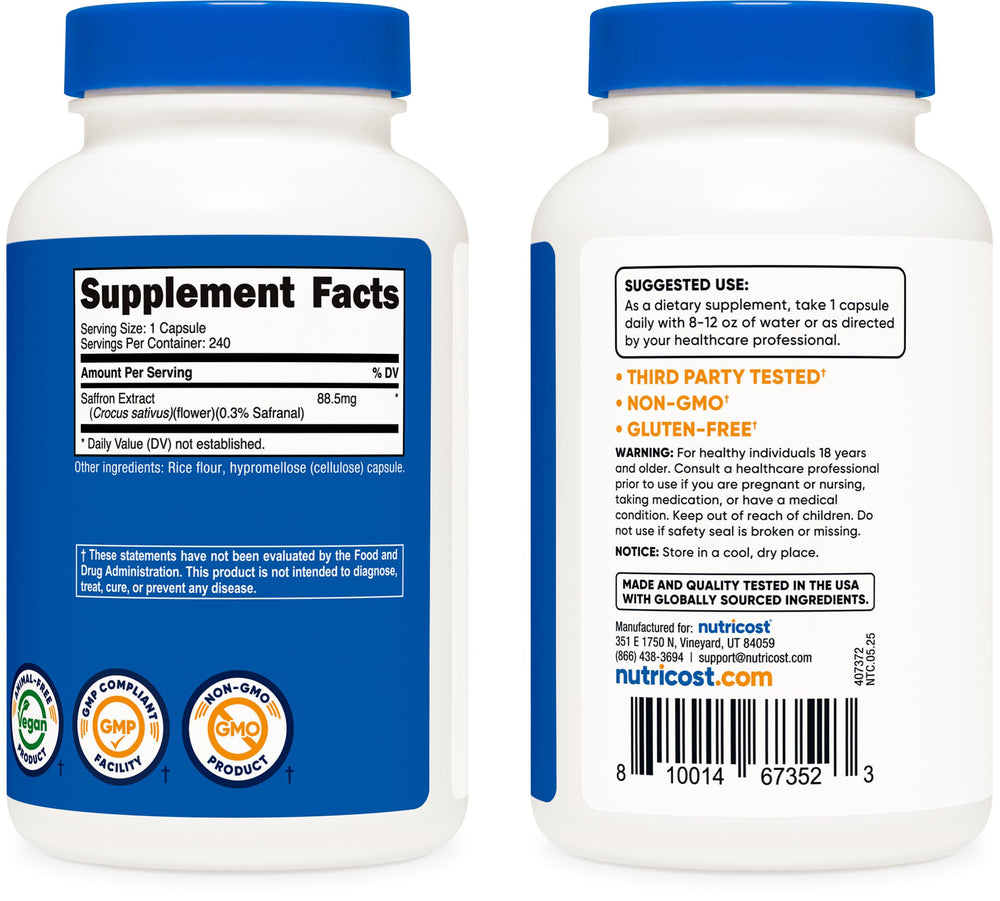 Nutricost saffron extract bottle with glass of water for daily use