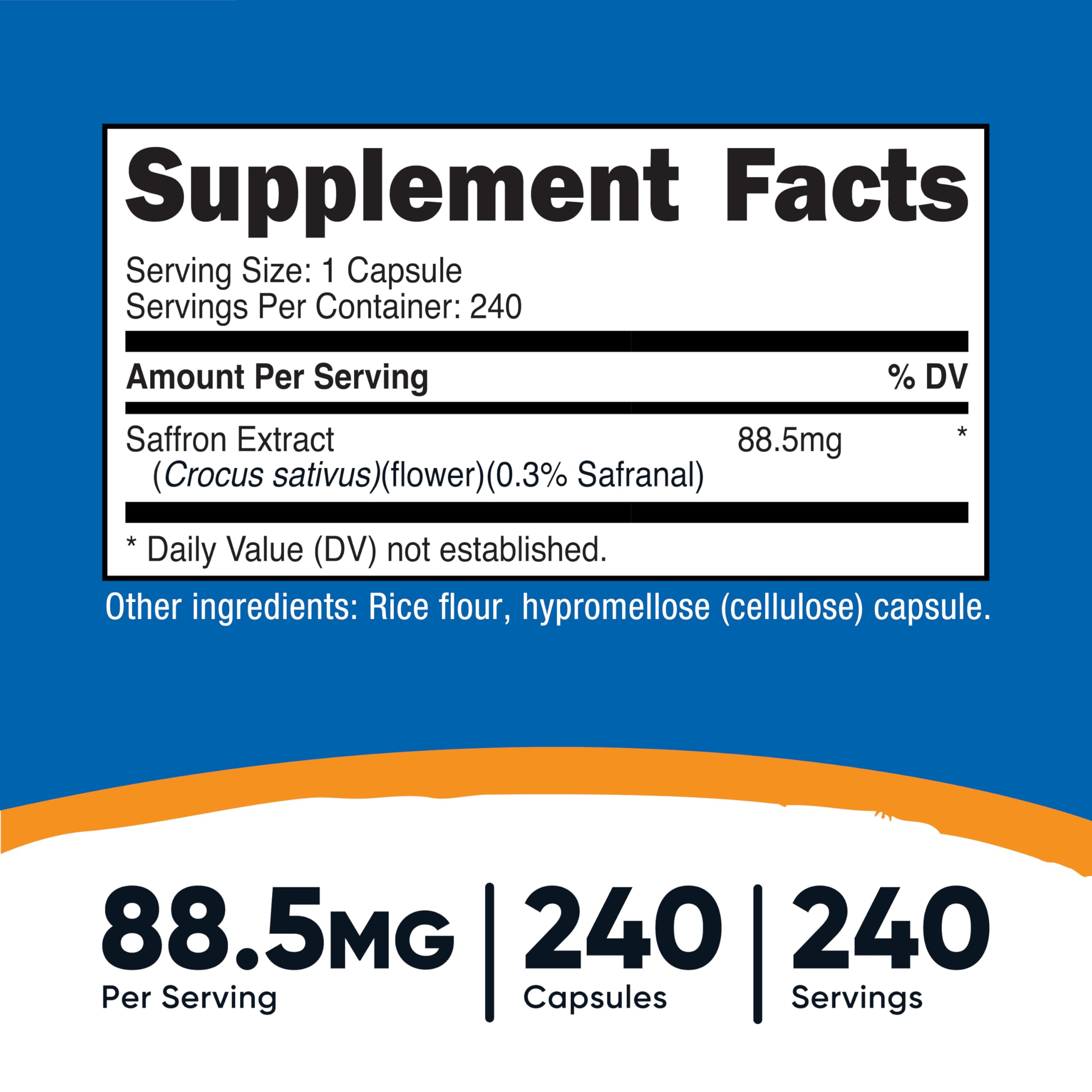 Nutricost saffron capsules close-up showing vegetarian, gluten-free, non-GMO formulation