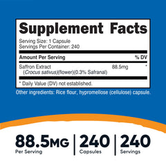 Nutricost saffron capsules close-up showing vegetarian, gluten-free, non-GMO formulation