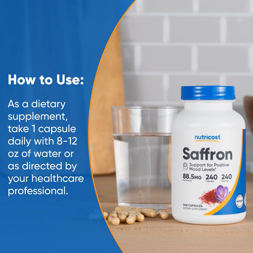 Nutricost saffron extract bottle displays gluten-free and non-GMO icons