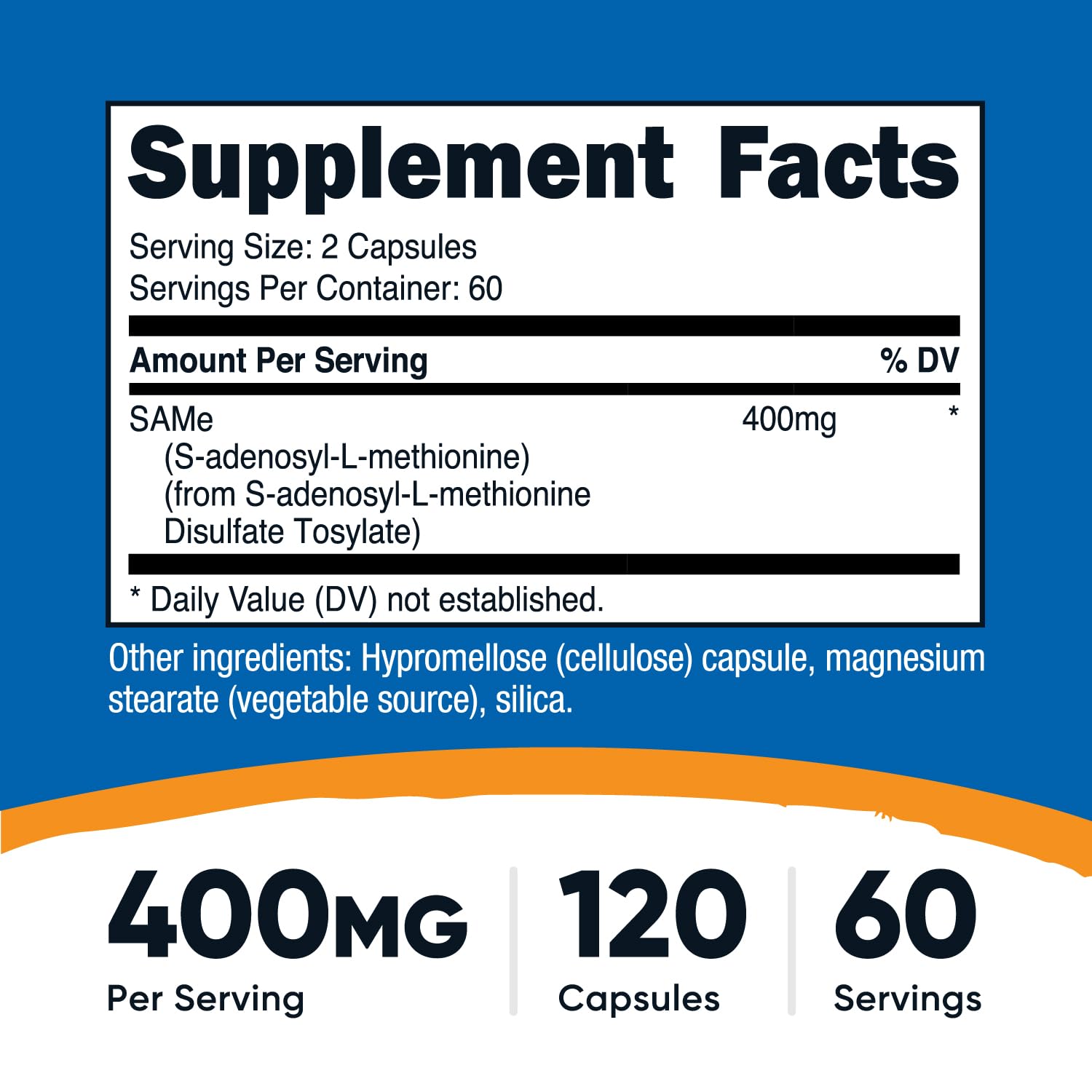 Nutricost SAM-e bottle side shows gluten-free, vegetarian-friendly formula notes.