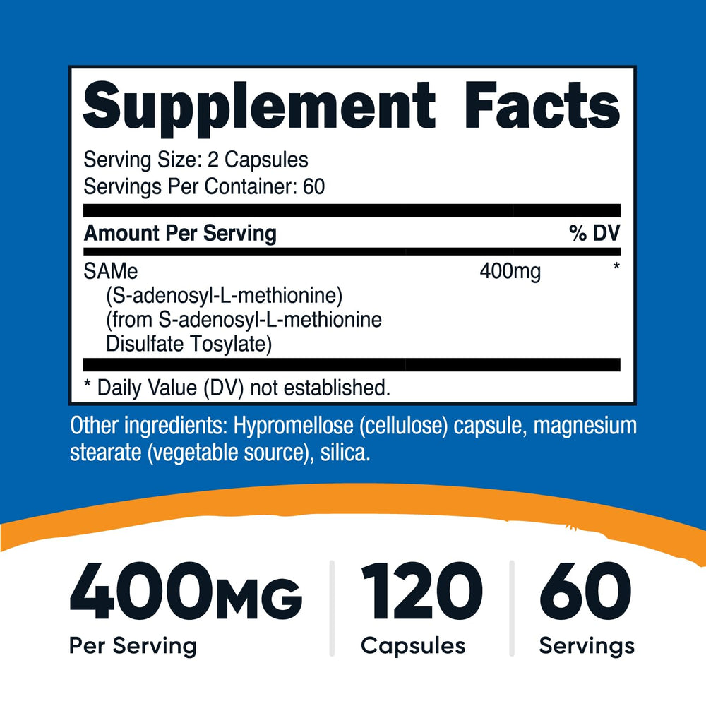 Nutricost SAM-e bottle side shows gluten-free, vegetarian-friendly formula notes.