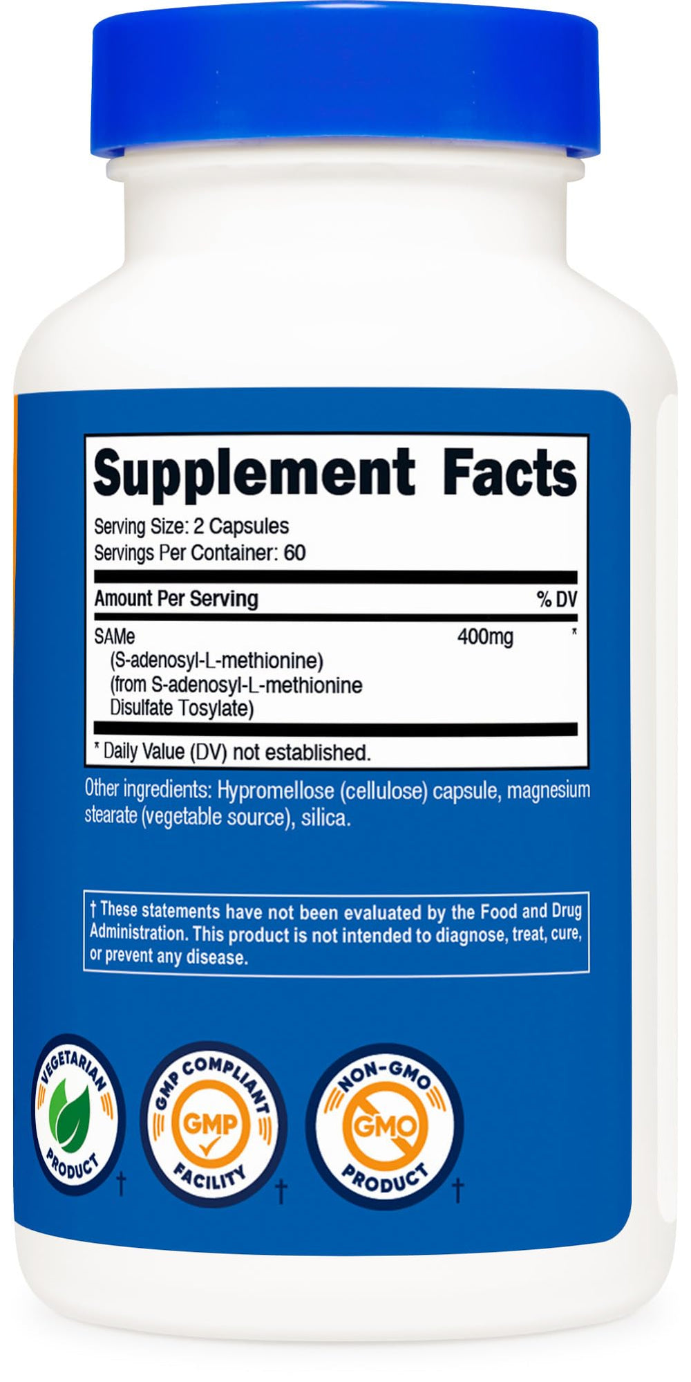 Nutricost SAM-e bottle displays ISO-accredited third-party testing.