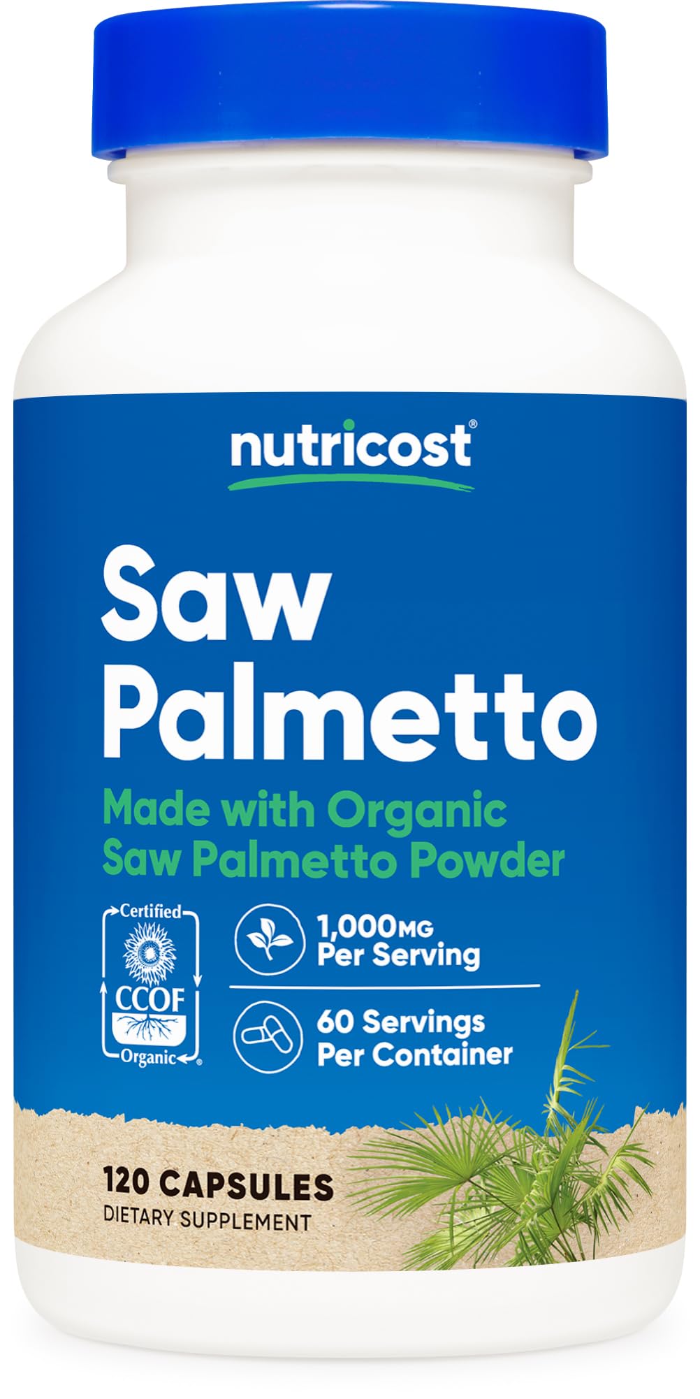 Nutricost Saw Palmetto bottle label highlights organic sourcing and gluten-free promise