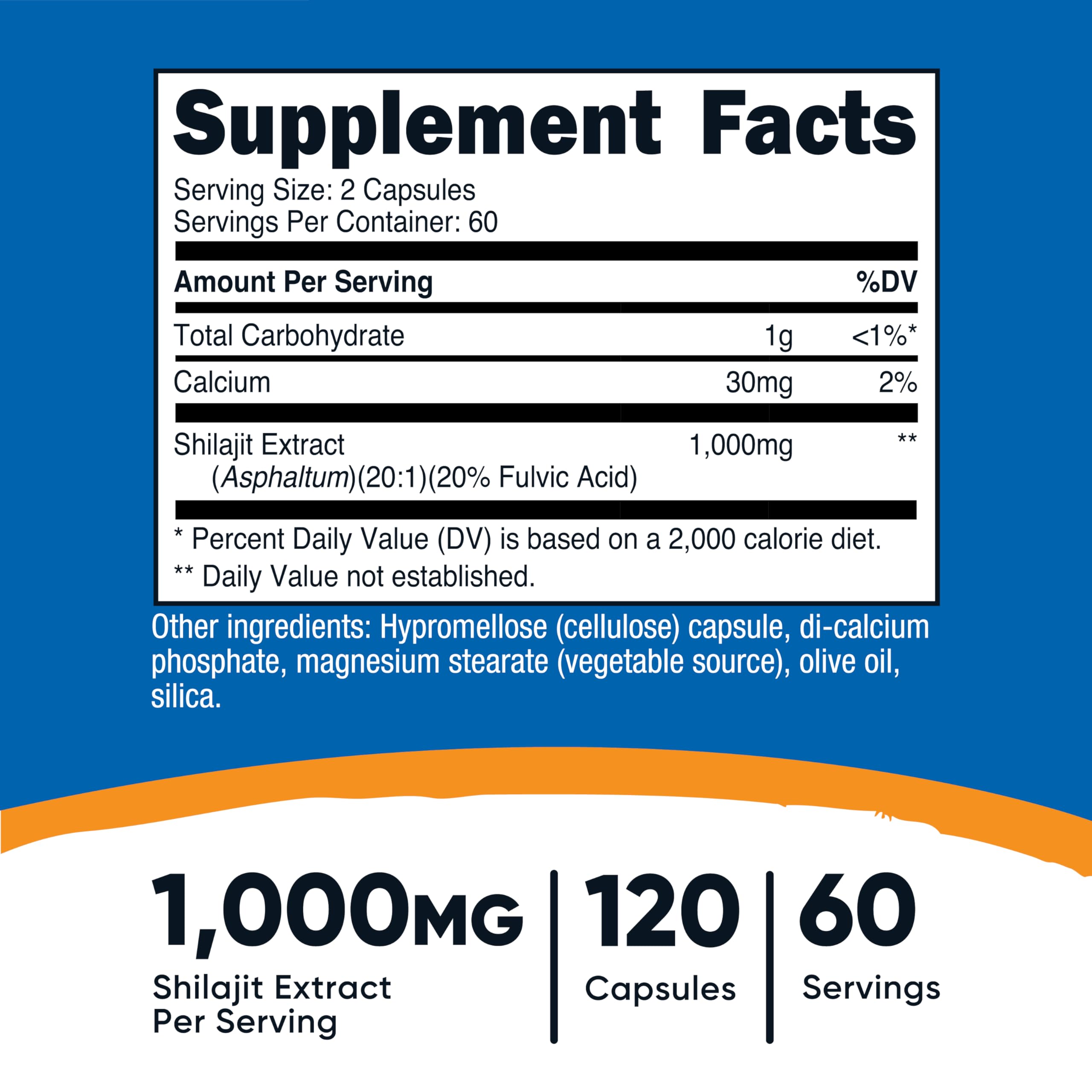 Nutricost Shilajit capsules blister pack highlighting 60 servings for daily use