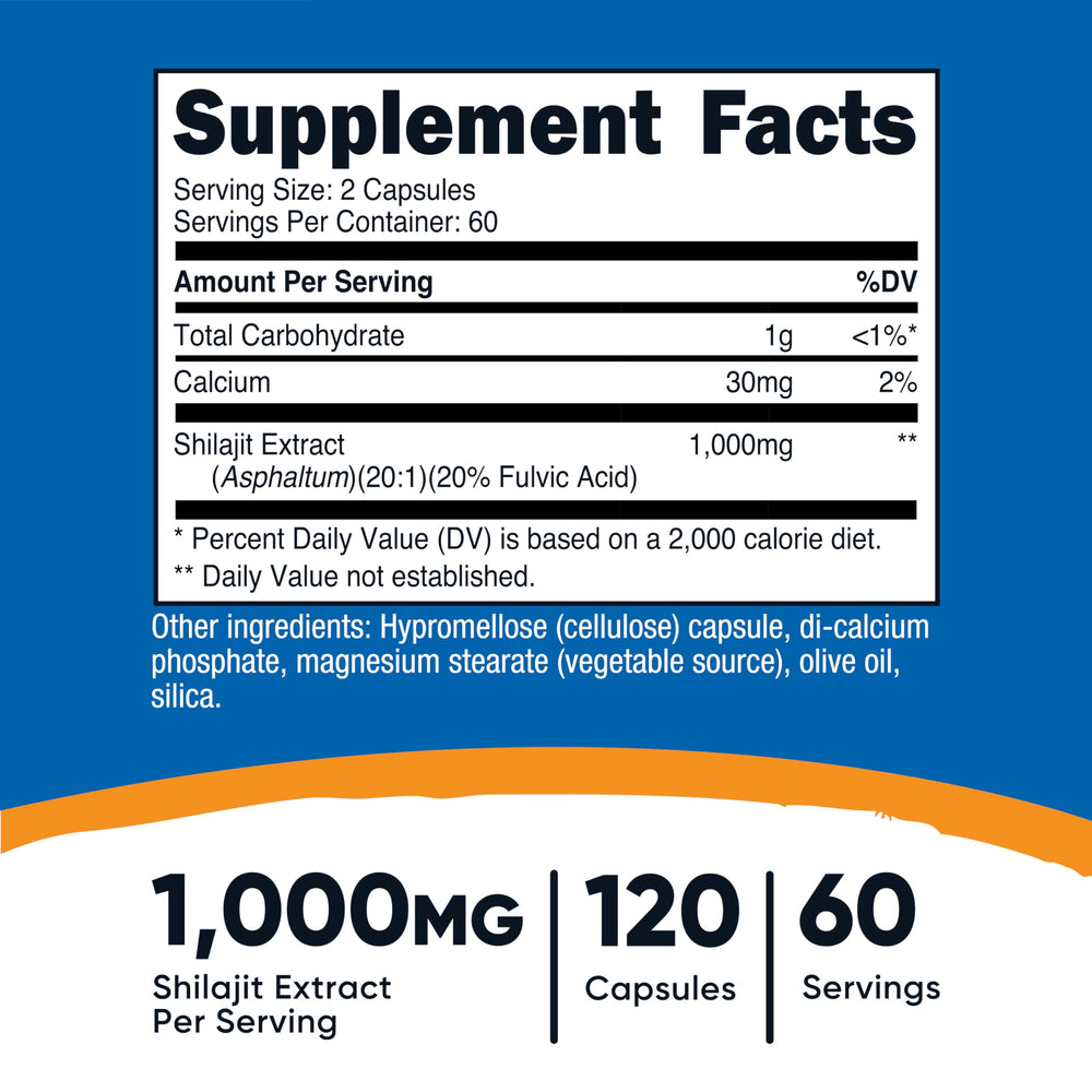 Nutricost Shilajit capsules blister pack highlighting 60 servings for daily use