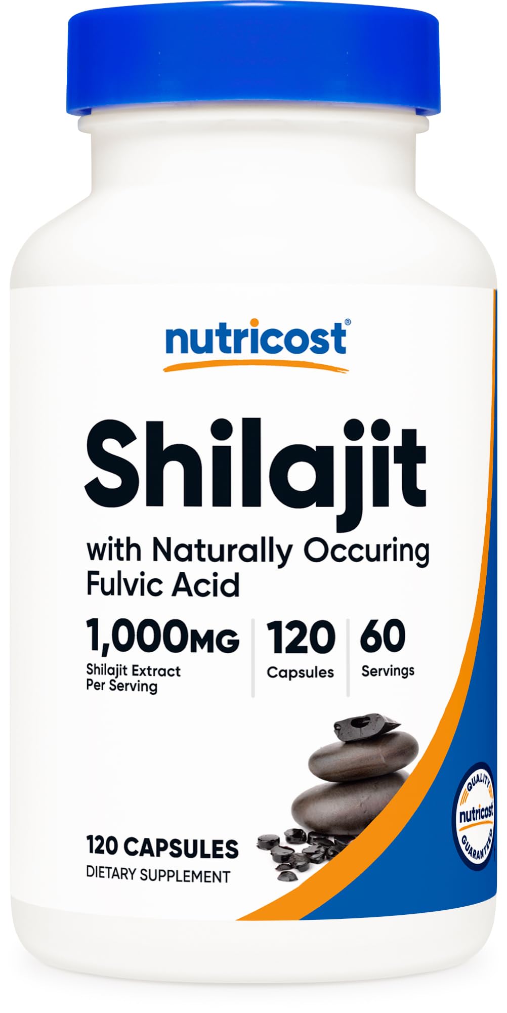 Nutricost Shilajit capsules bottle close-up showing 1000 mg per serving for daily use