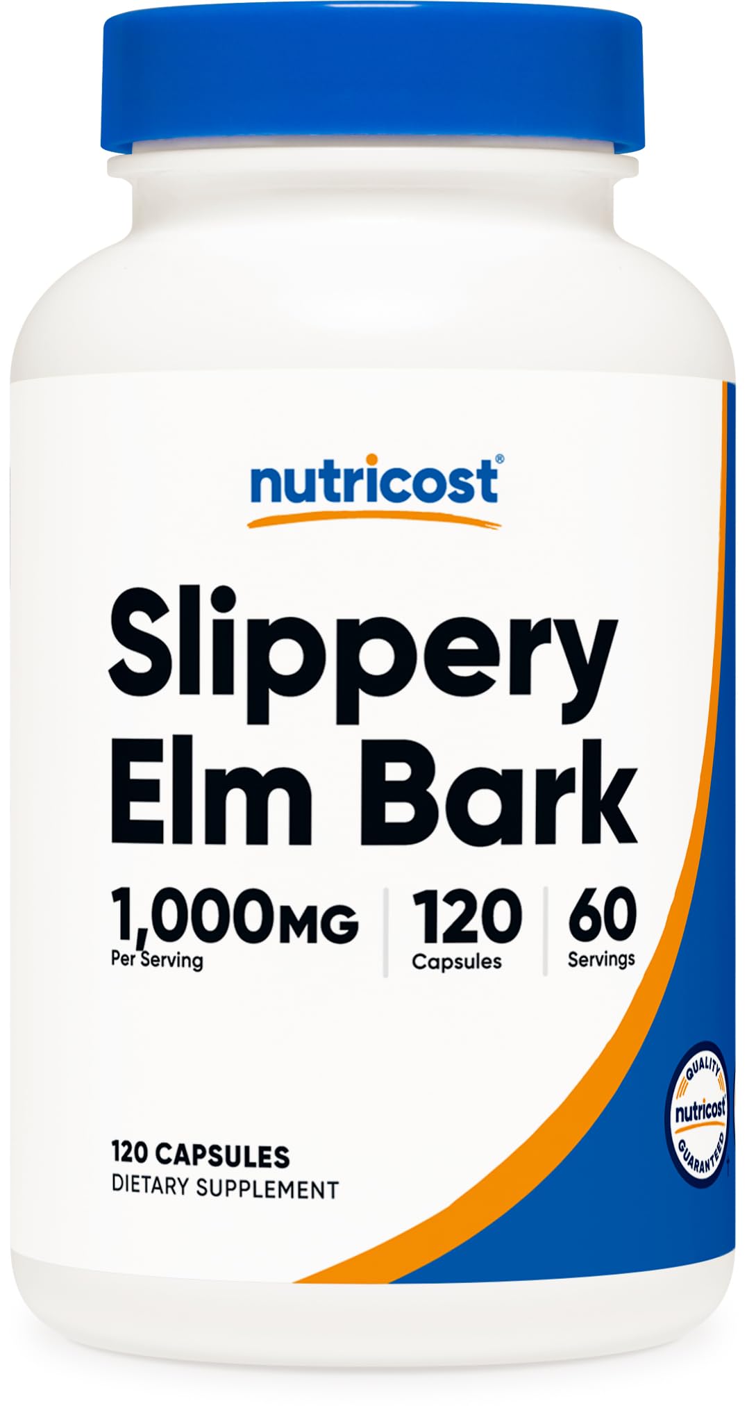 Nutricost Slippery Elm Bark Capsules bottle front showing branding and non-GMO/gluten-free features.