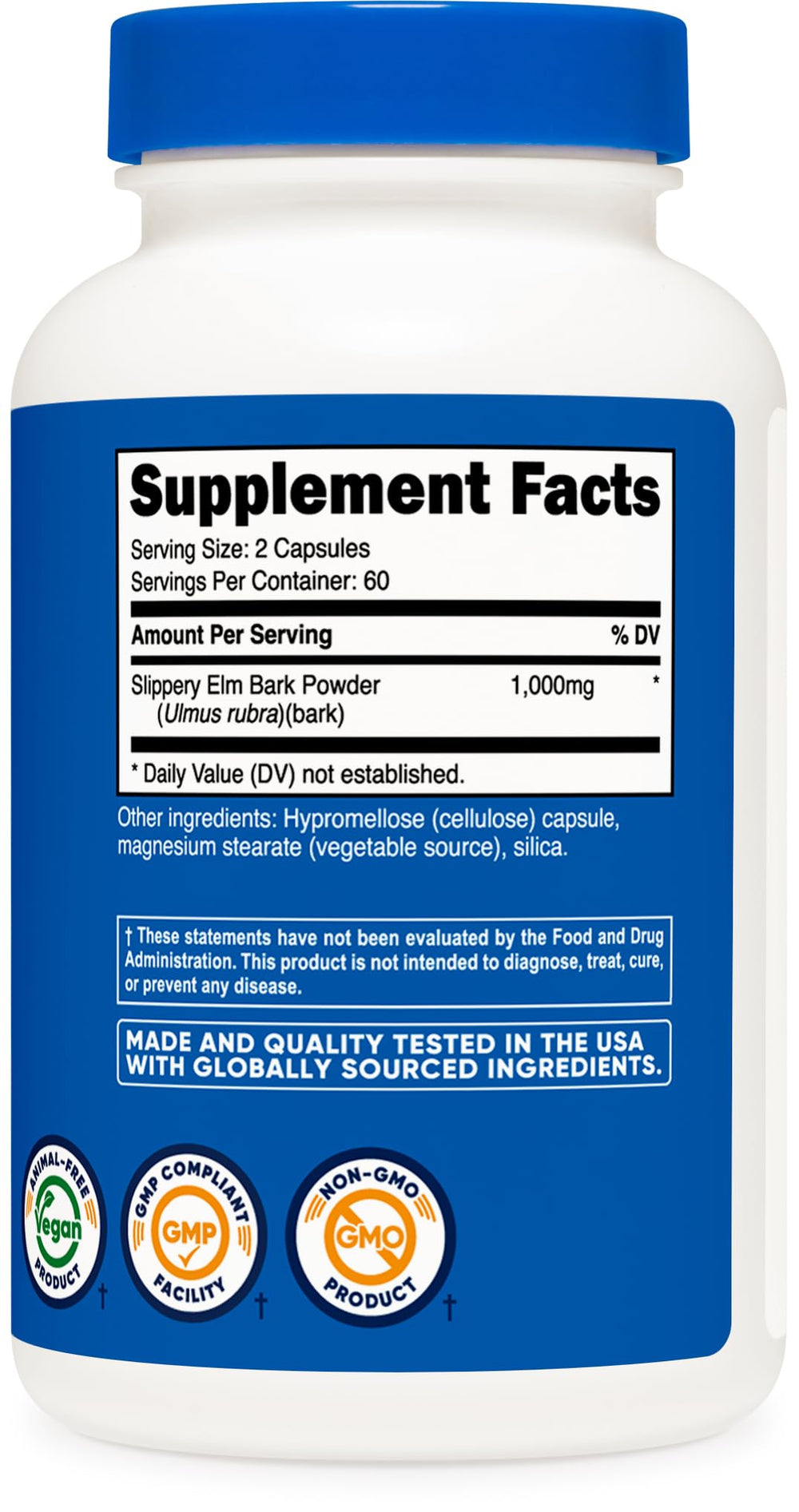 Nutricost Slippery Elm Bark Capsules close-up of capsule texture and bottle