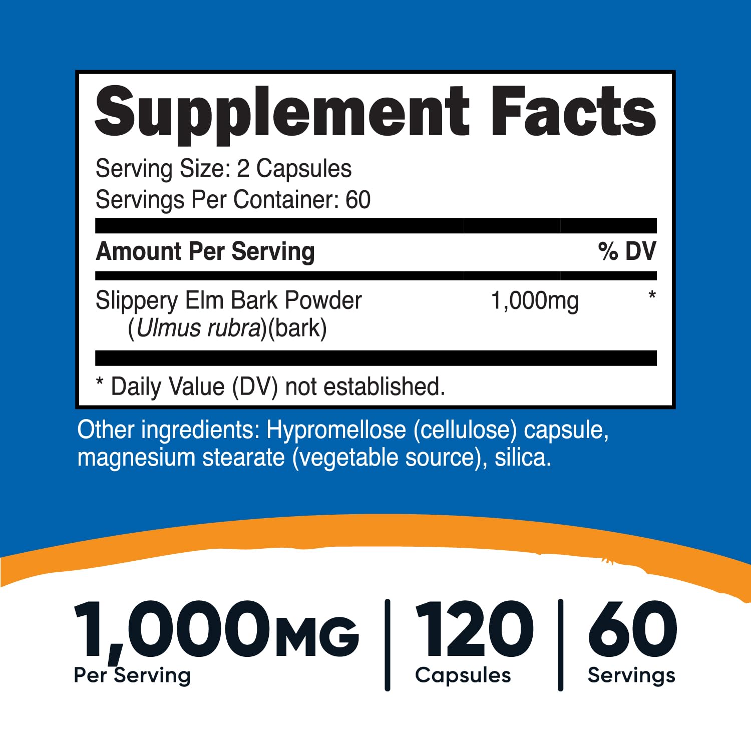 Nutricost Slippery Elm Bark Capsules dosage label highlighting 2 capsules per serving.