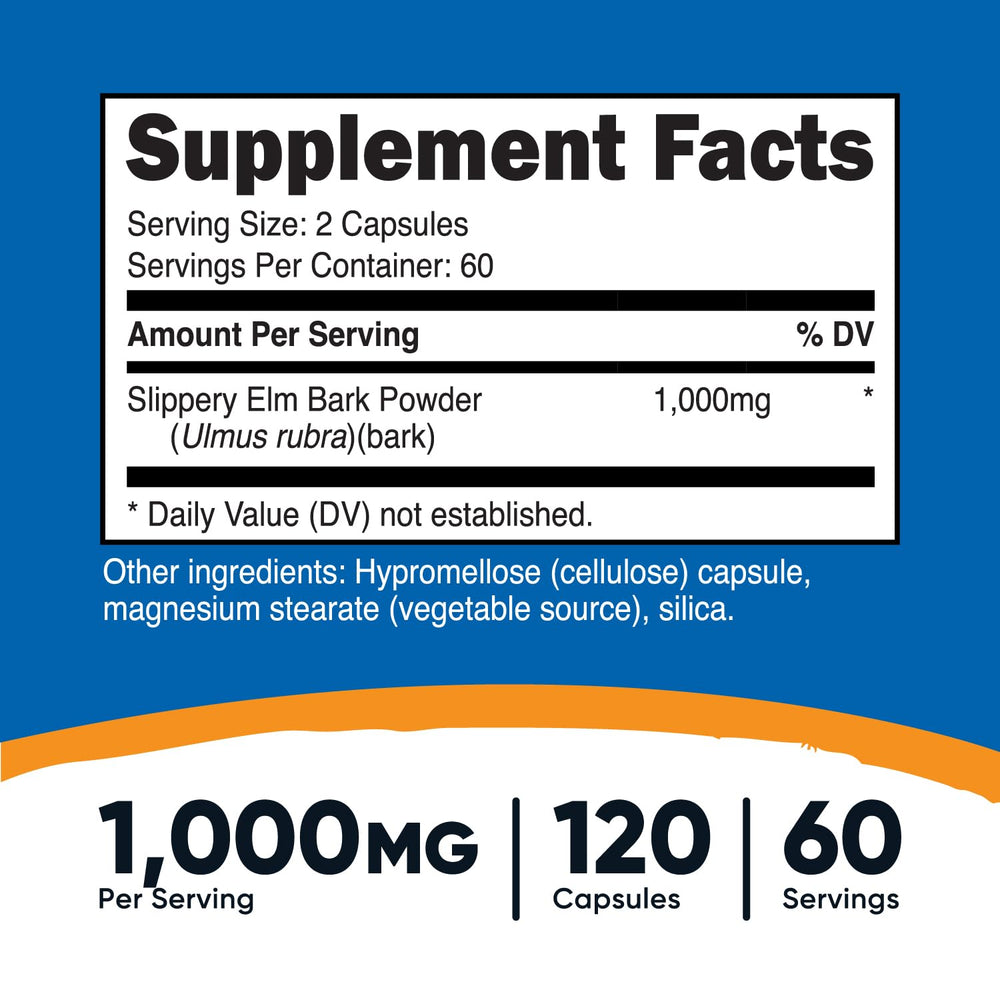 Nutricost Slippery Elm Bark Capsules dosage label highlighting 2 capsules per serving.