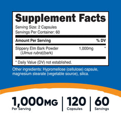 Nutricost Slippery Elm Bark Capsules dosage label highlighting 2 capsules per serving.