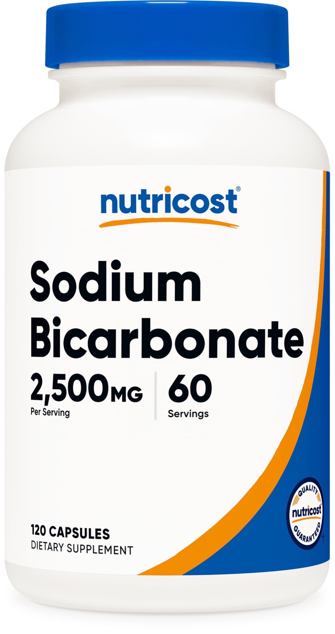 Nutricost Sodium Bicarbonate bottle front view for easy daily 2500 mg servings.