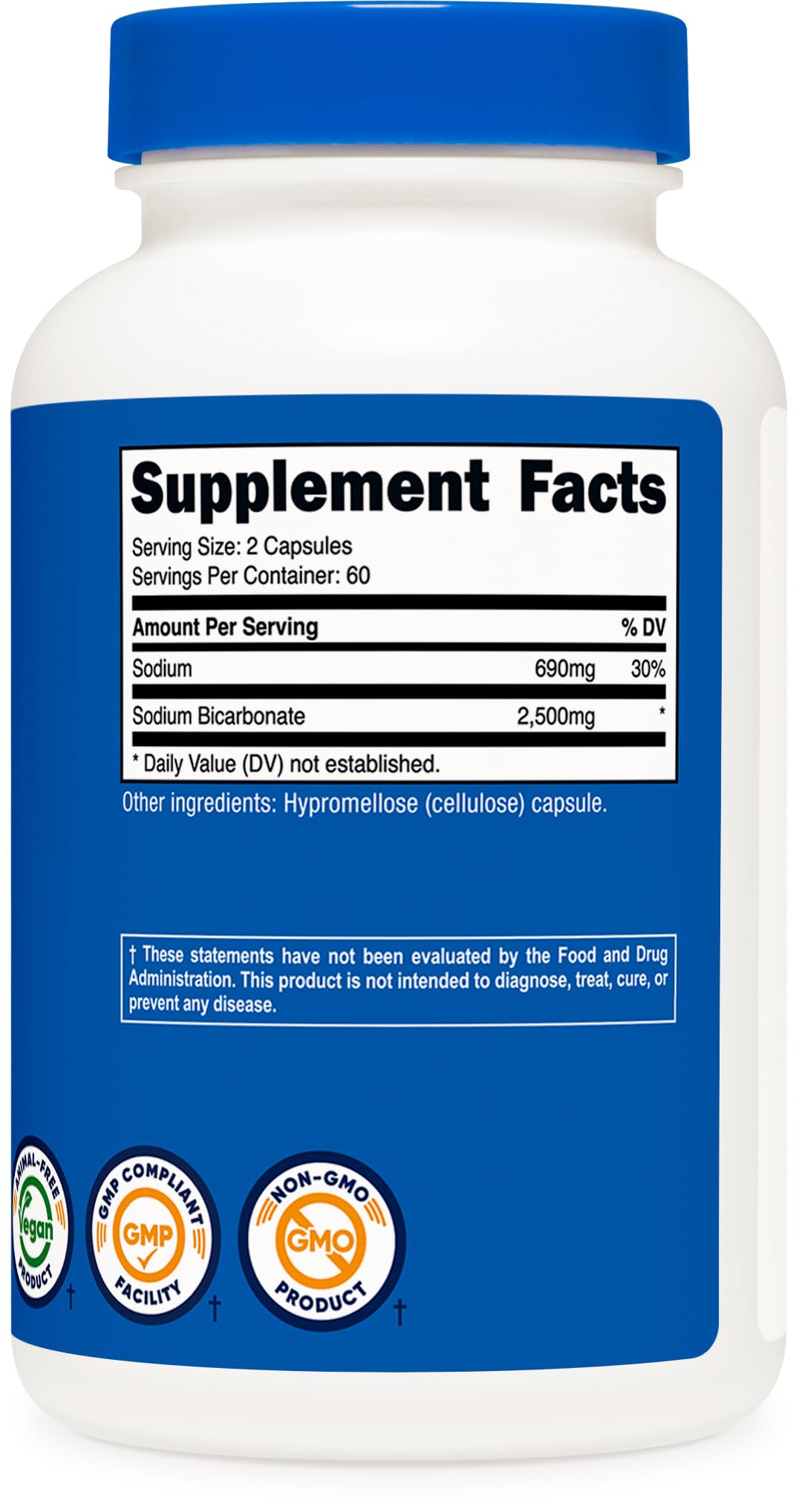 Nutricost Sodium Bicarbonate bottle with water illustrating daily supplement use.