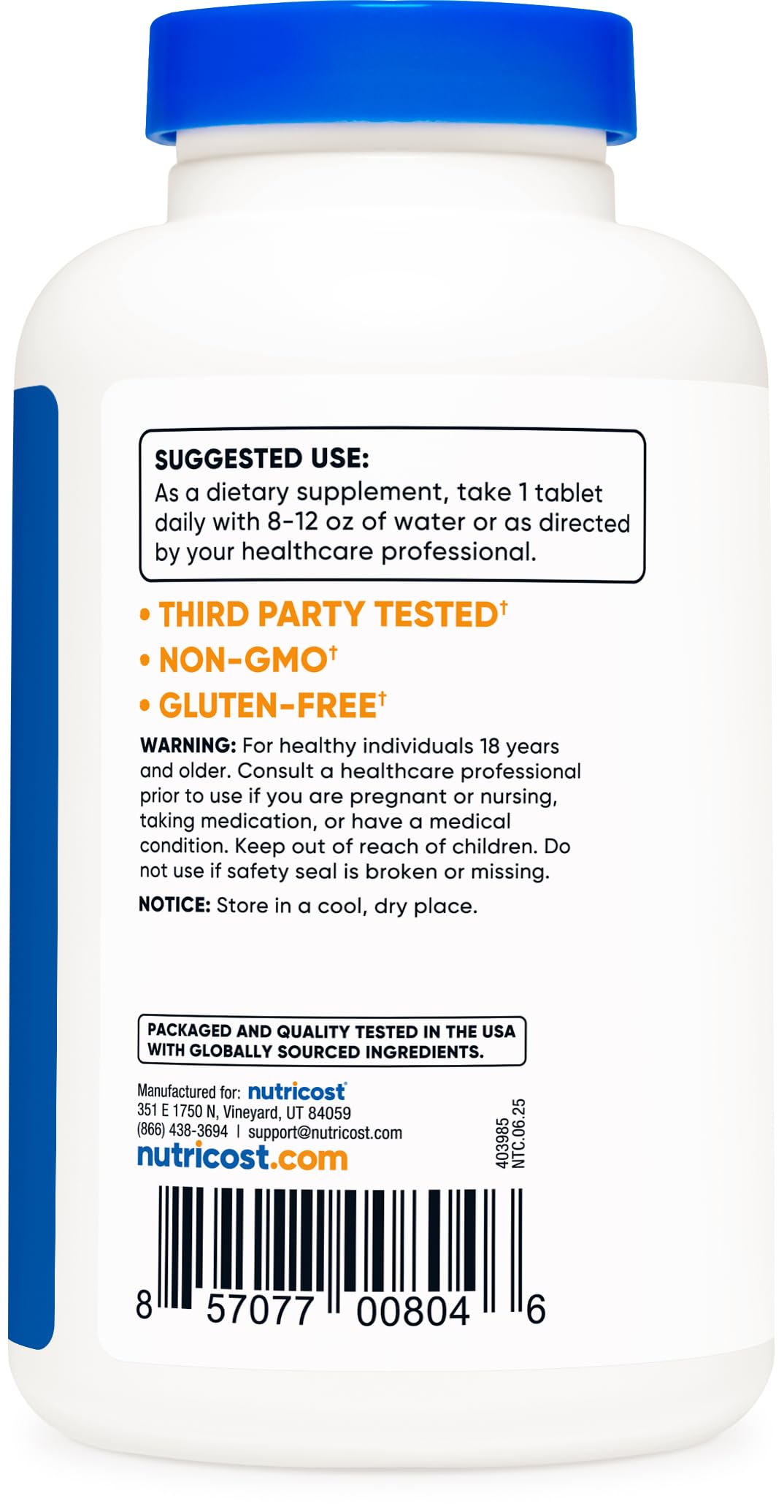 Nutricost packaging shows gluten-free claim for dietary needs.
