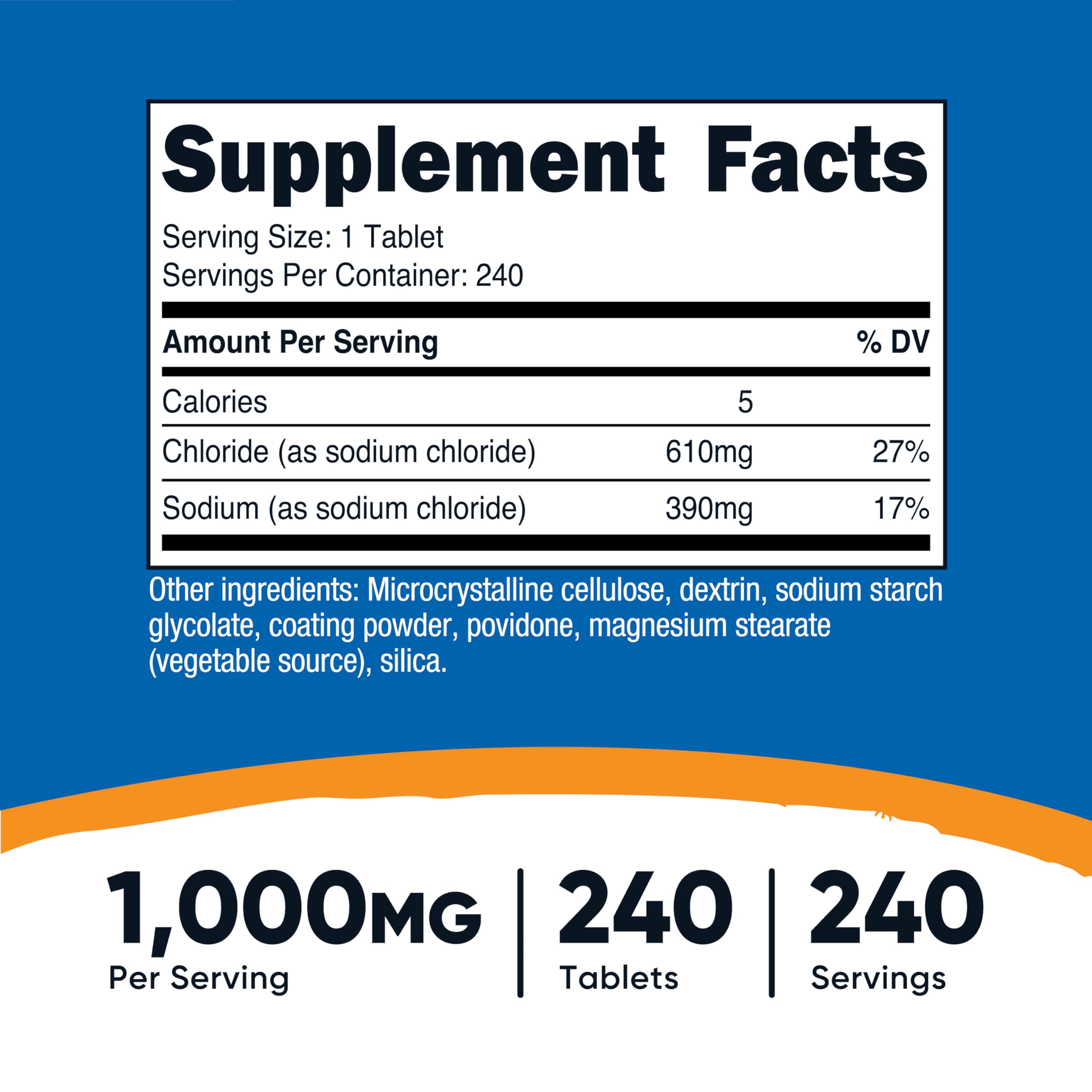 Closeup of Nutricost Sodium Chloride tablets showing 1000mg each.