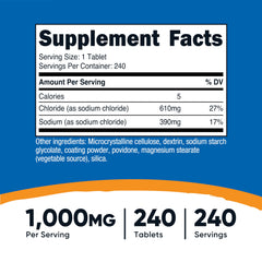 Closeup of Nutricost Sodium Chloride tablets showing 1000mg each.