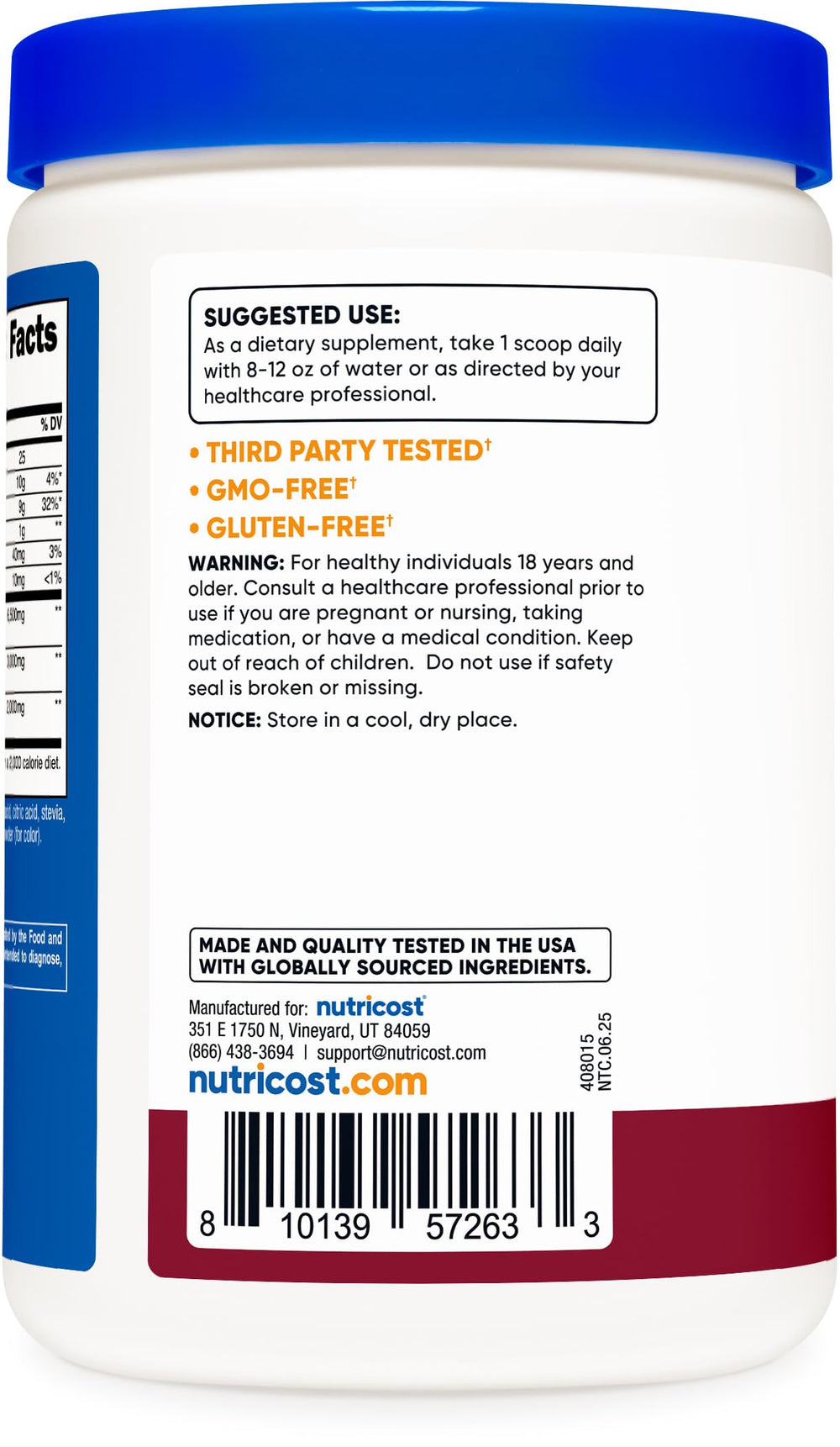 Nutricost Soluble Fiber Berry Powder scoop shows 30 servings per bottle.