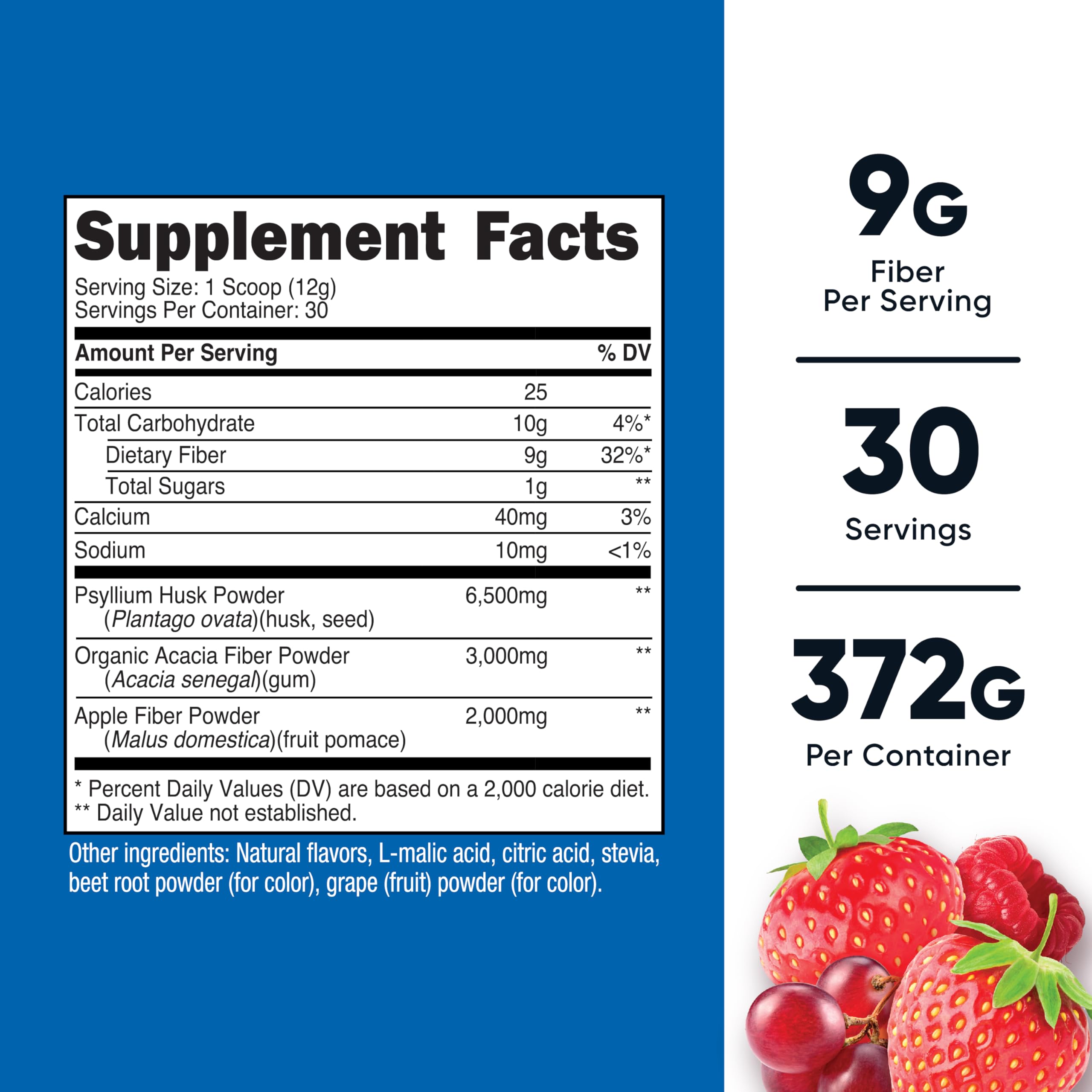Nutricost Soluble Fiber Berry Powder label highlighting vegan and gluten-free features.