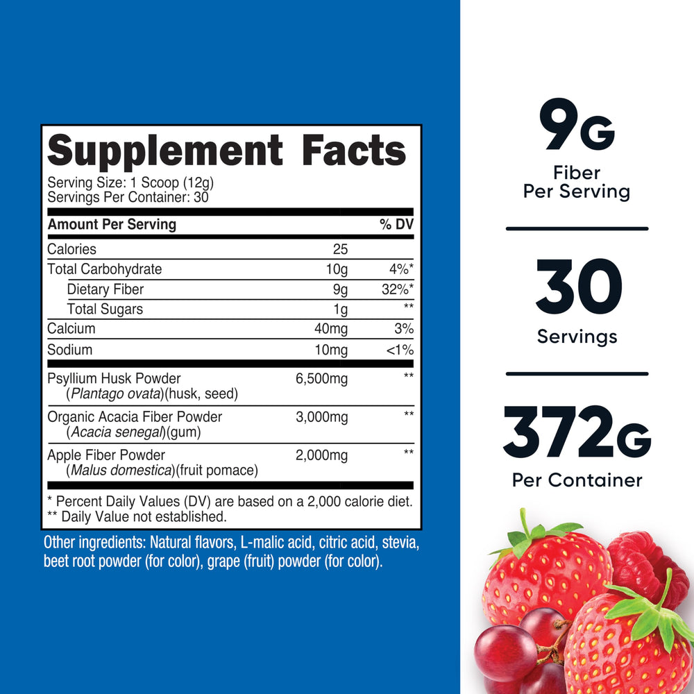 Nutricost Soluble Fiber Berry Powder label highlighting vegan and gluten-free features.